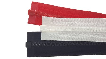Rits enkel deelbaar nylon bloktand rood zwart wit 50  60 85 cm 001 onderkant