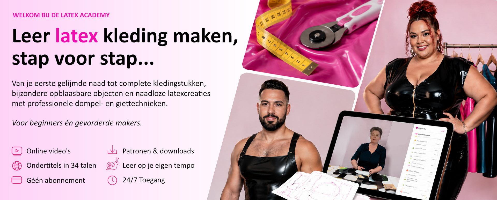 Online latex workshops en cursussen voor het maken van latex kleding. Technieken voor het snijden van latex met een rolmes, lijmen, afwerken en ontwerpen van latex kleding, geschikt voor beginners en gevorderden.
